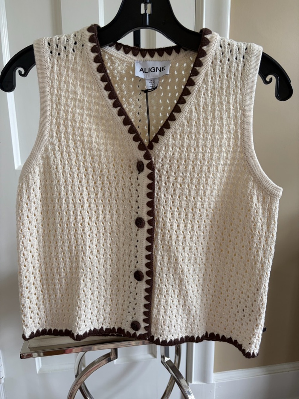 Alaigne Cream Knit Button-Front Vest with Chocolate Trim